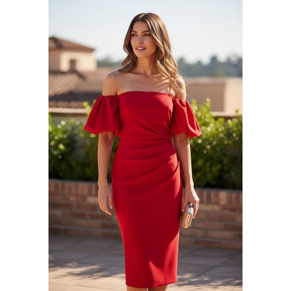 Shoshanna Red Ruched Bodycon Dress Puff Sleeve Party Cocktail Sz 8